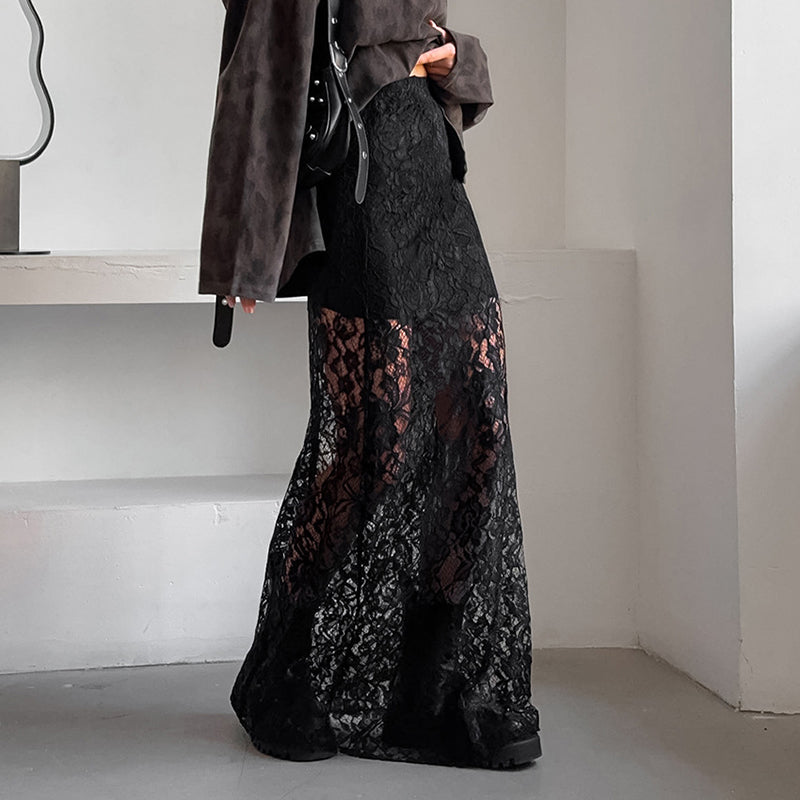 👗💃 Elegant Sheer Lace Maxi Skirt🌹 Graceful Flow, Lace Elegance, Showcasing Feminine Charm!