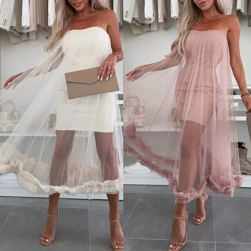 💖LAST DAY SALE 50% OFF👗Women's Mesh Patchwork Strapless Dress