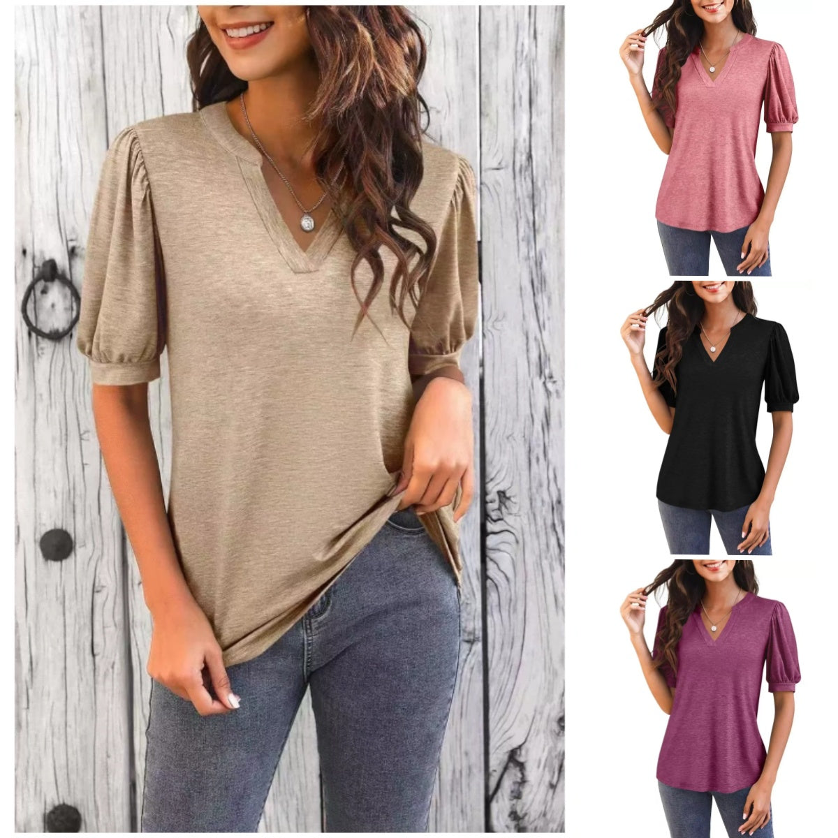 🔥Last Day Special Sale 50% OFF👚Women's V-Neck Casual Puff Short Sleeve Top Elegant T-Shirt