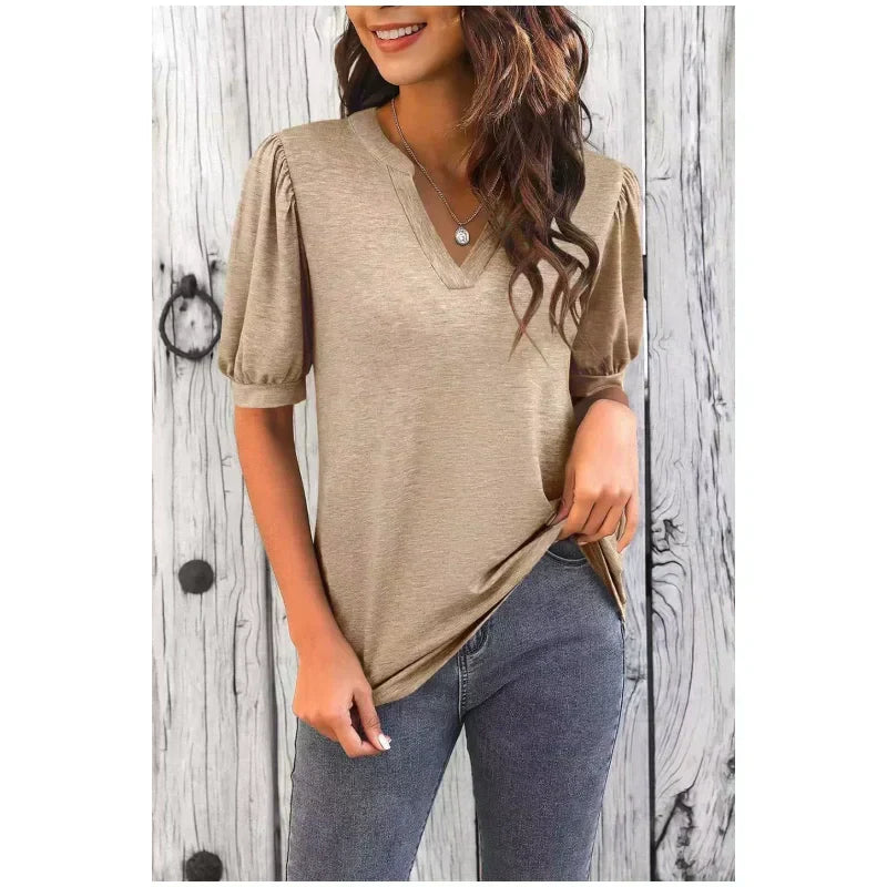 🔥Last Day Special Sale 50% OFF👚Women's V-Neck Casual Puff Short Sleeve Top Elegant T-Shirt