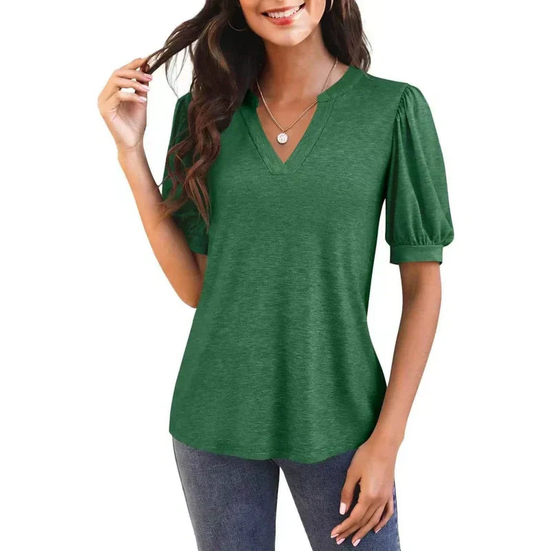 🔥Last Day Special Sale 50% OFF👚Women's V-Neck Casual Puff Short Sleeve Top Elegant T-Shirt
