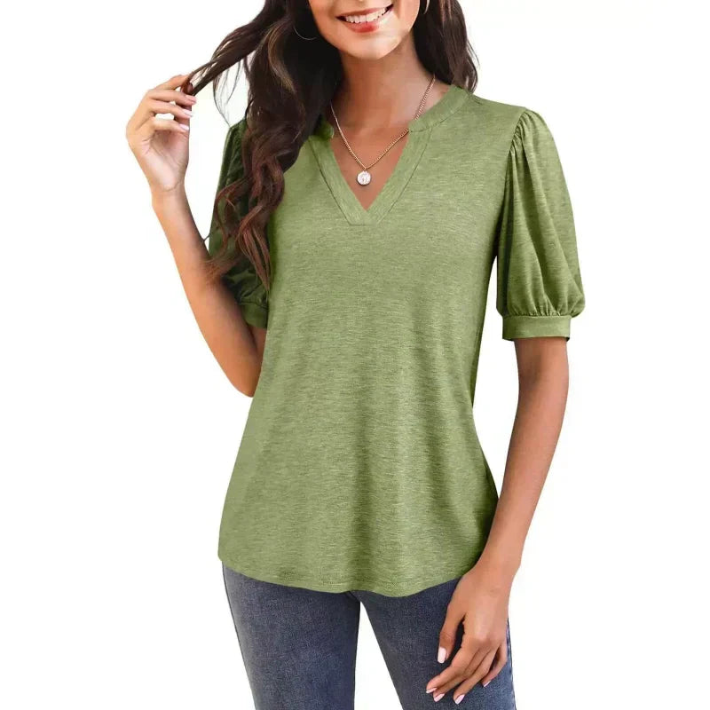 🔥Last Day Special Sale 50% OFF👚Women's V-Neck Casual Puff Short Sleeve Top Elegant T-Shirt