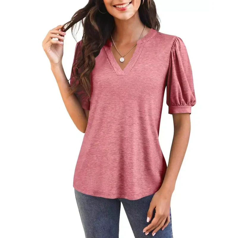 🔥Last Day Special Sale 50% OFF👚Women's V-Neck Casual Puff Short Sleeve Top Elegant T-Shirt