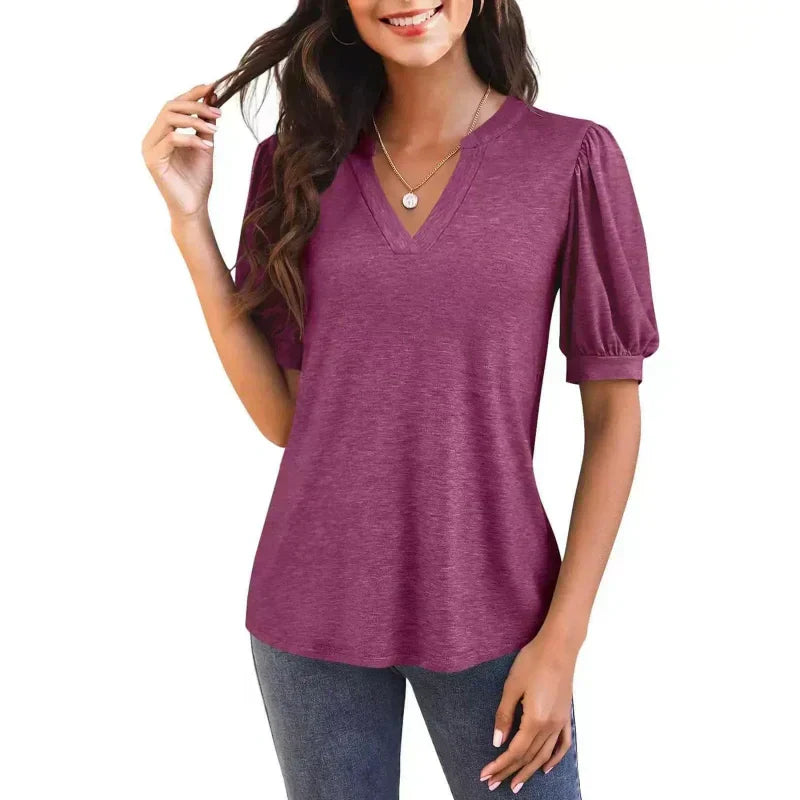 🔥Last Day Special Sale 50% OFF👚Women's V-Neck Casual Puff Short Sleeve Top Elegant T-Shirt