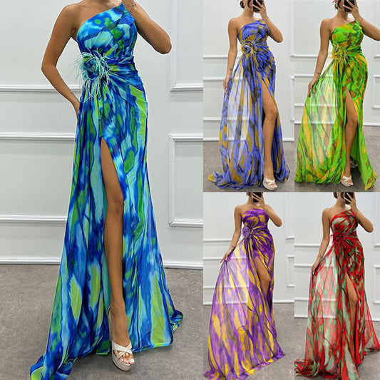 🌸Spring Specials💐 Women's Vibrant One-Shoulder High-Slit Maxi Dress💃 make every appearance dazzling!