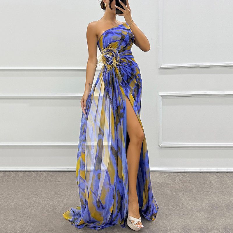🌸Spring Specials💐 Women's Vibrant One-Shoulder High-Slit Maxi Dress💃 make every appearance dazzling!
