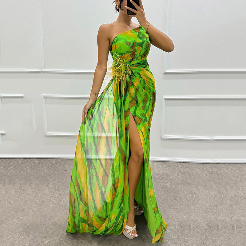 🌸Spring Specials💐 Women's Vibrant One-Shoulder High-Slit Maxi Dress💃 make every appearance dazzling!