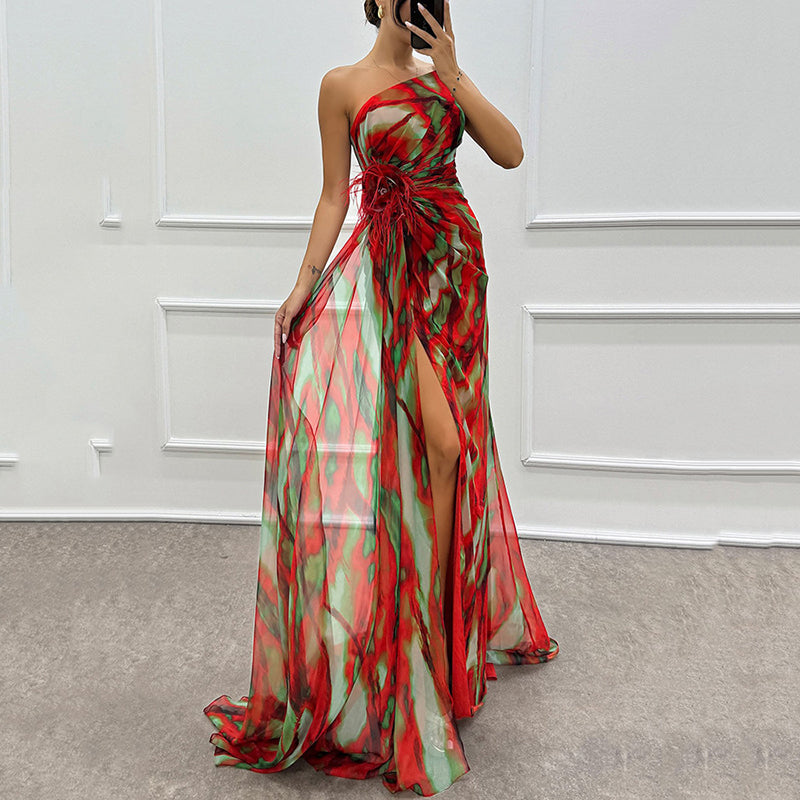🌸Spring Specials💐 Women's Vibrant One-Shoulder High-Slit Maxi Dress💃 make every appearance dazzling!