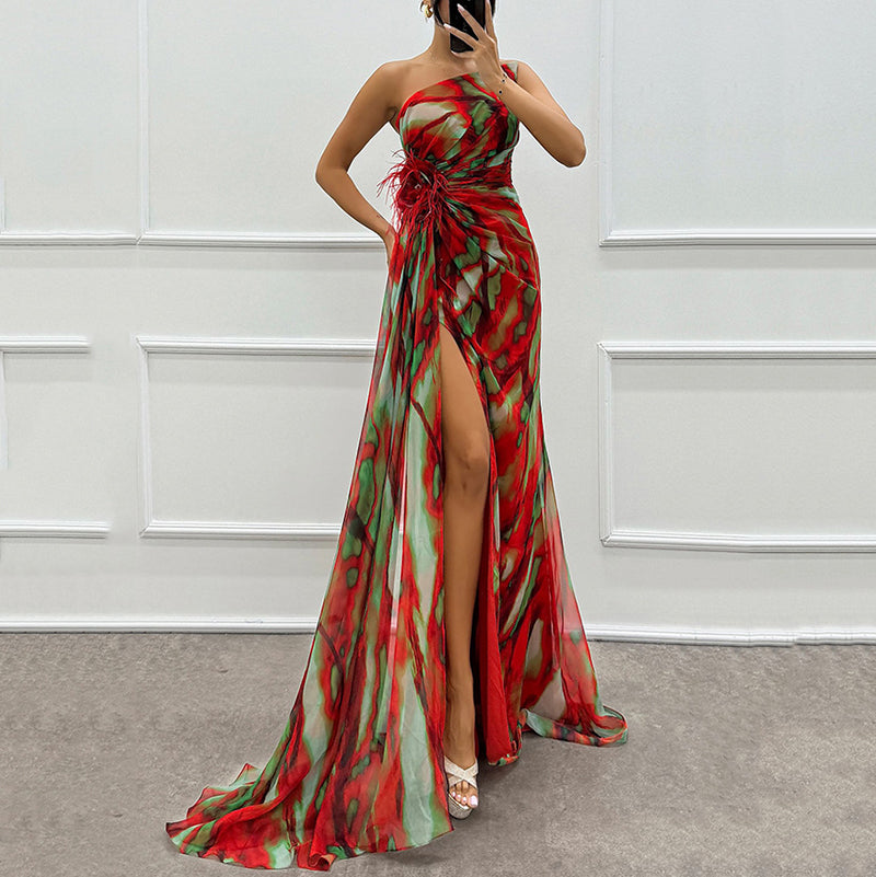🌸Spring Specials💐 Women's Vibrant One-Shoulder High-Slit Maxi Dress💃 make every appearance dazzling!