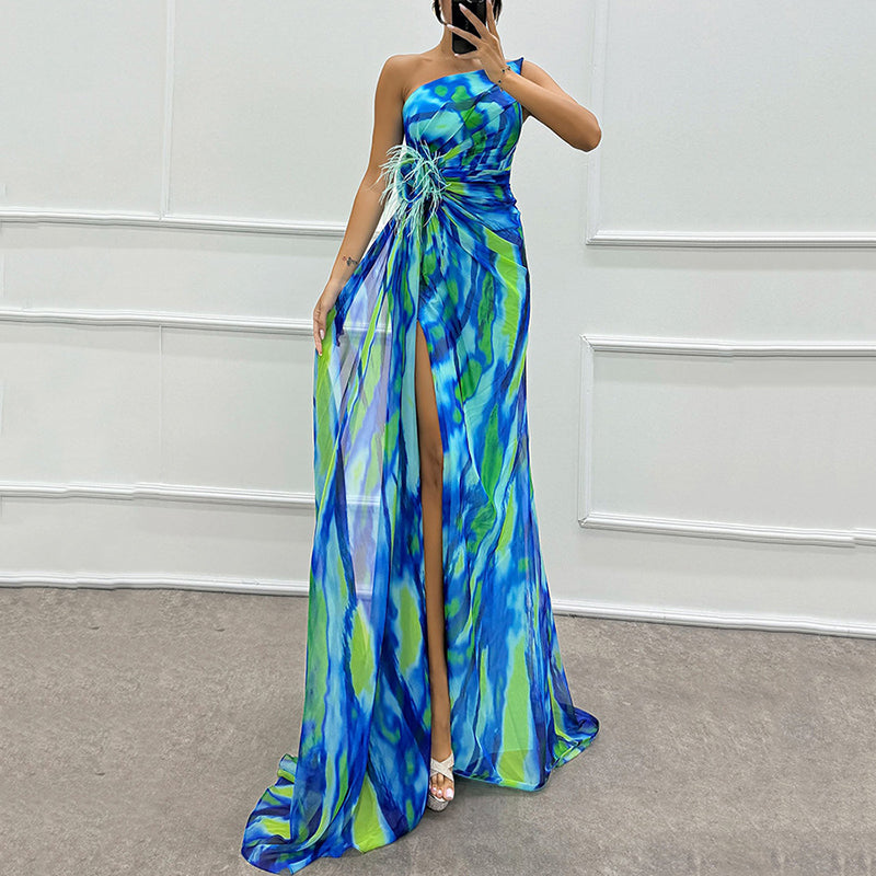 🌸Spring Specials💐 Women's Vibrant One-Shoulder High-Slit Maxi Dress💃 make every appearance dazzling!