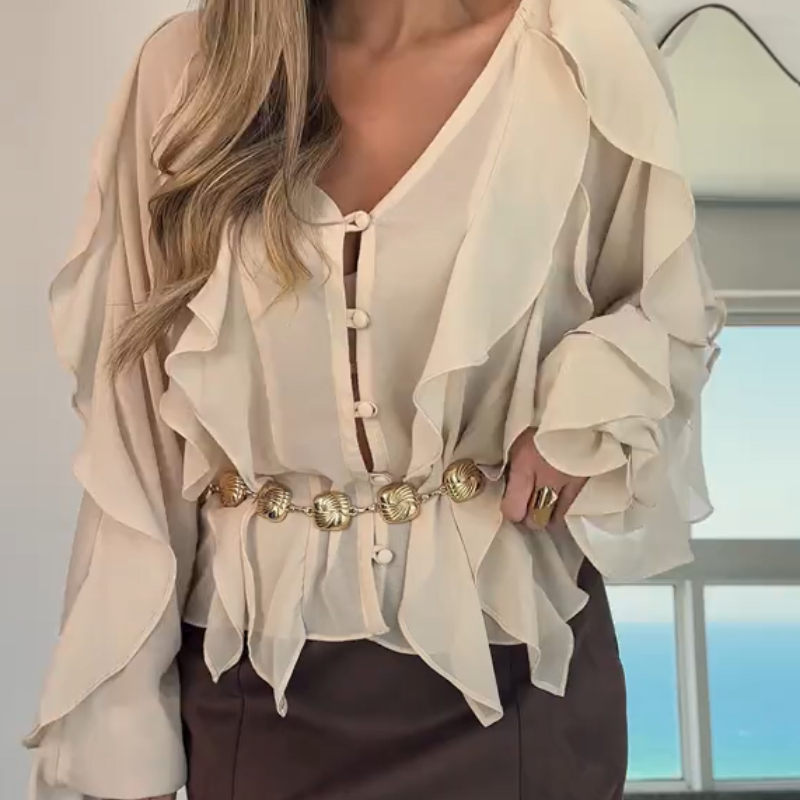 📣🥰2025 Spring Sale: Big Discounts👚V-Neck Button Closure Ruffle Trimmed Blouse