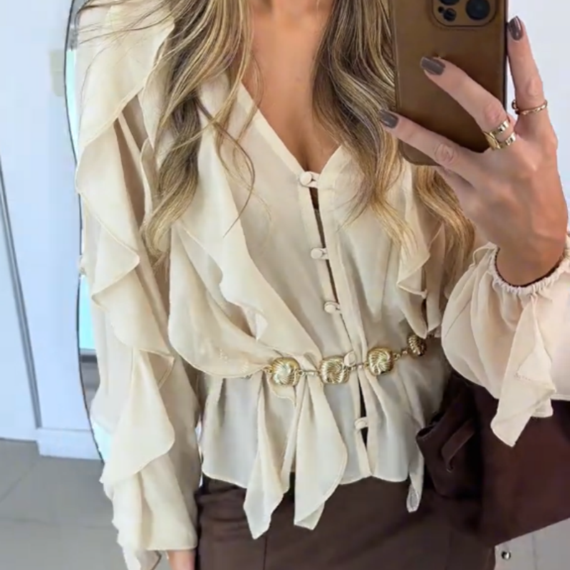 📣🥰2025 Spring Sale: Big Discounts👚V-Neck Button Closure Ruffle Trimmed Blouse