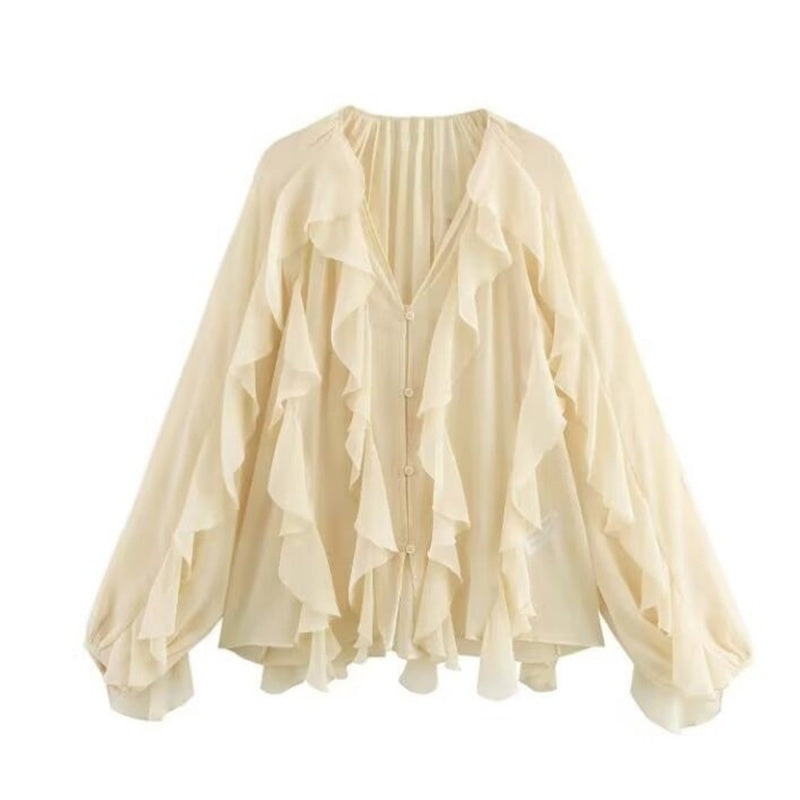 📣🥰2025 Spring Sale: Big Discounts👚V-Neck Button Closure Ruffle Trimmed Blouse