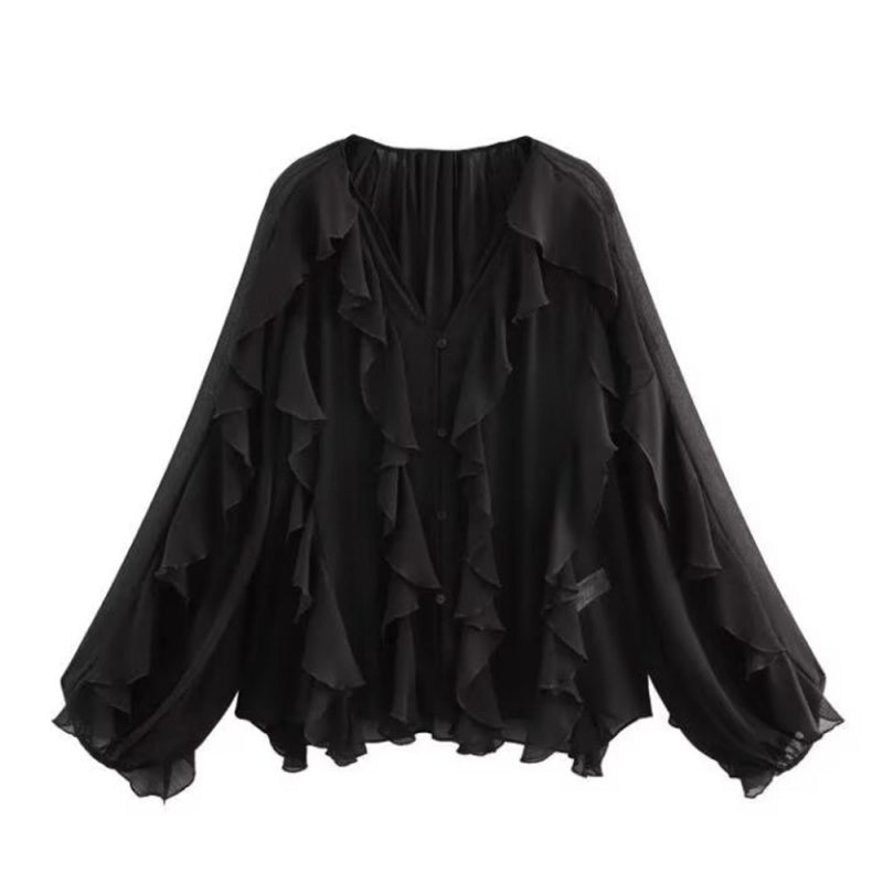📣🥰2025 Spring Sale: Big Discounts👚V-Neck Button Closure Ruffle Trimmed Blouse