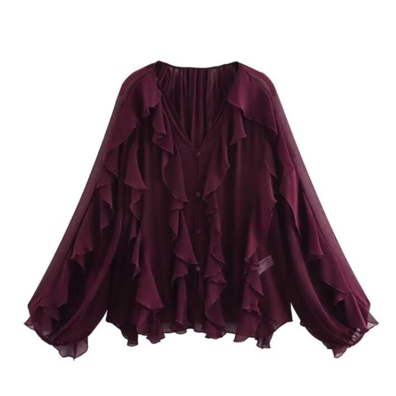 📣🥰2025 Spring Sale: Big Discounts👚V-Neck Button Closure Ruffle Trimmed Blouse