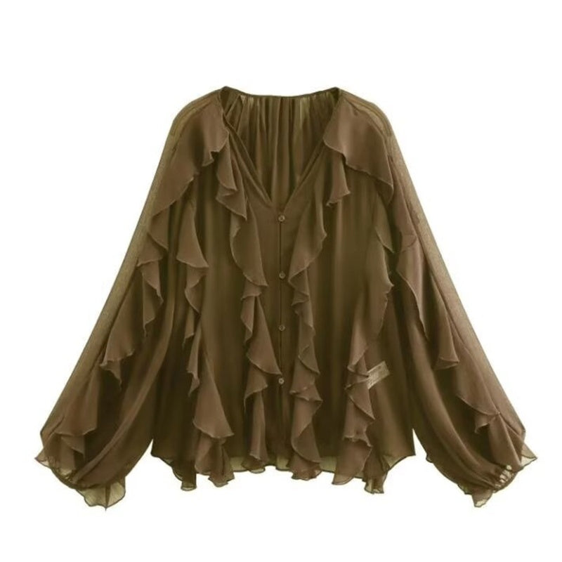 📣🥰2025 Spring Sale: Big Discounts👚V-Neck Button Closure Ruffle Trimmed Blouse