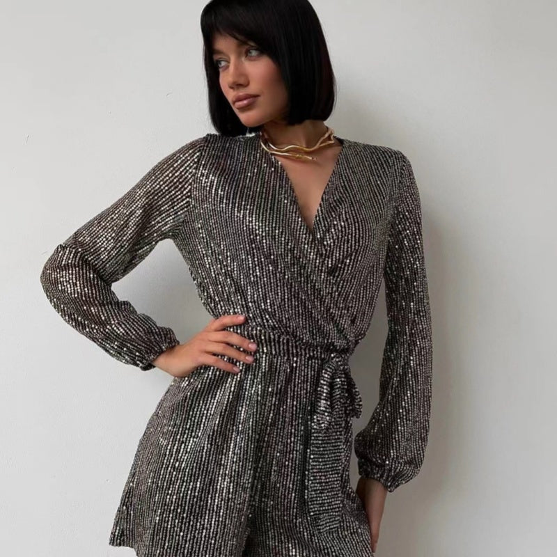 👠Spring Specials💞Sequined Long-Sleeve One-Piece Shorts Set