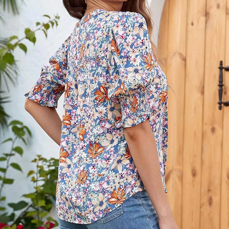 😍LAST WEEK SALE 50% OFF🎁☀️Floral V-neck Puff Sleeve Blouse For Women🌺