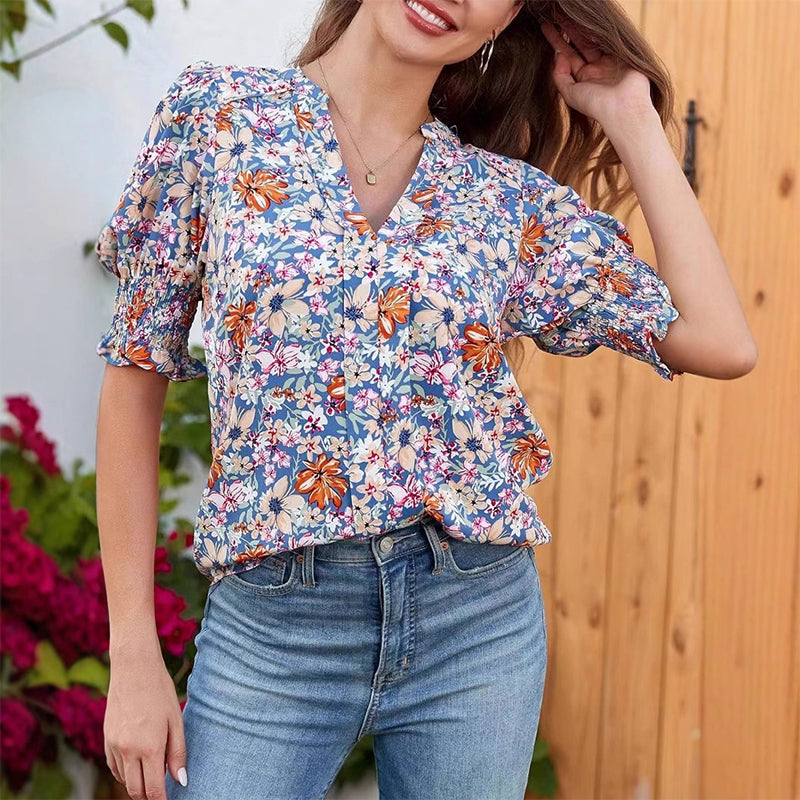 😍LAST WEEK SALE 50% OFF🎁☀️Floral V-neck Puff Sleeve Blouse For Women🌺