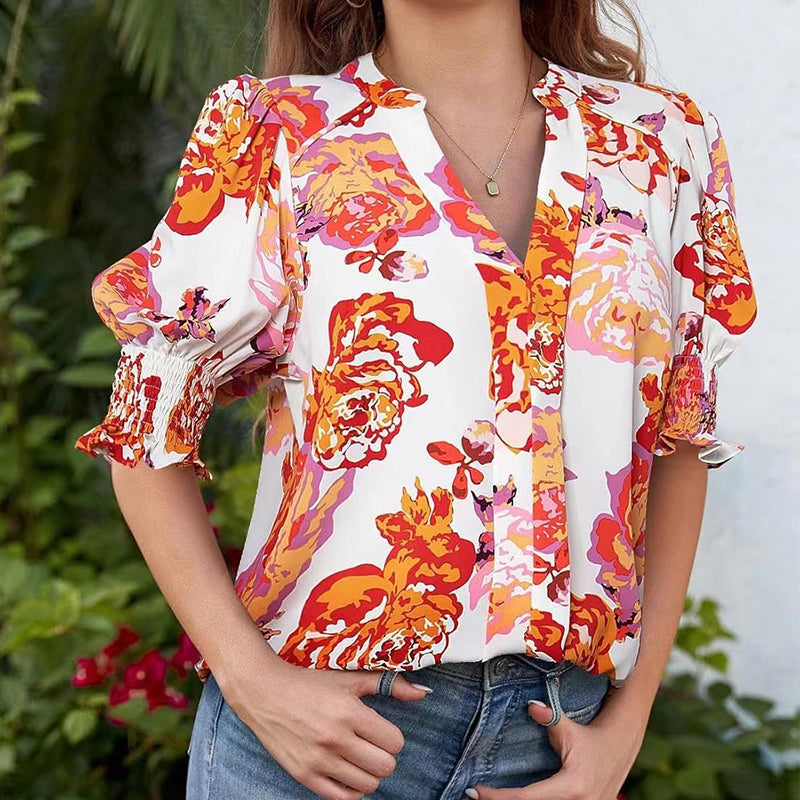 😍LAST WEEK SALE 50% OFF🎁☀️Floral V-neck Puff Sleeve Blouse For Women🌺