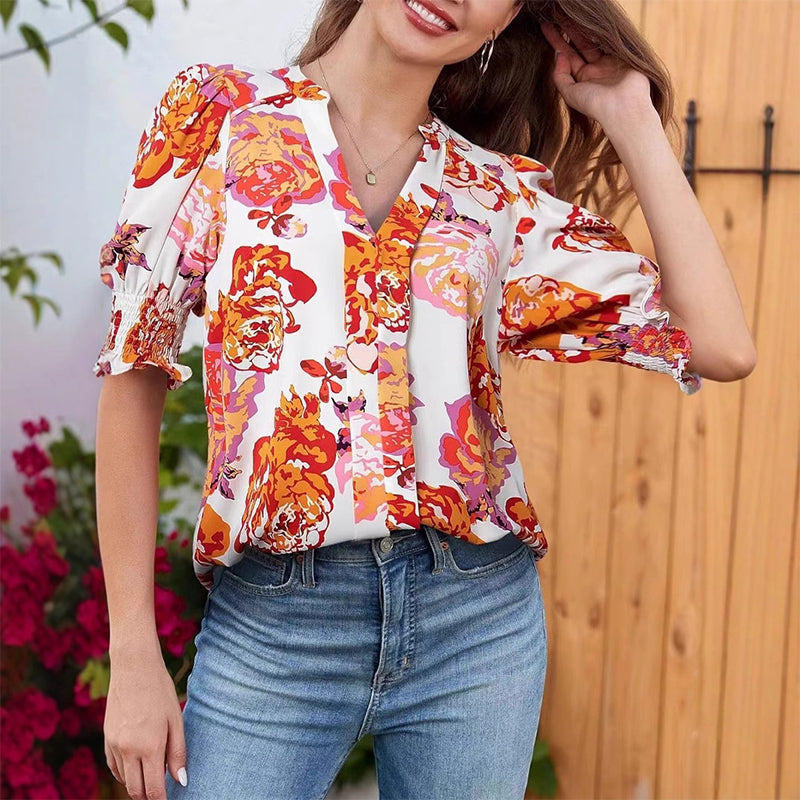 😍LAST WEEK SALE 50% OFF🎁☀️Floral V-neck Puff Sleeve Blouse For Women🌺