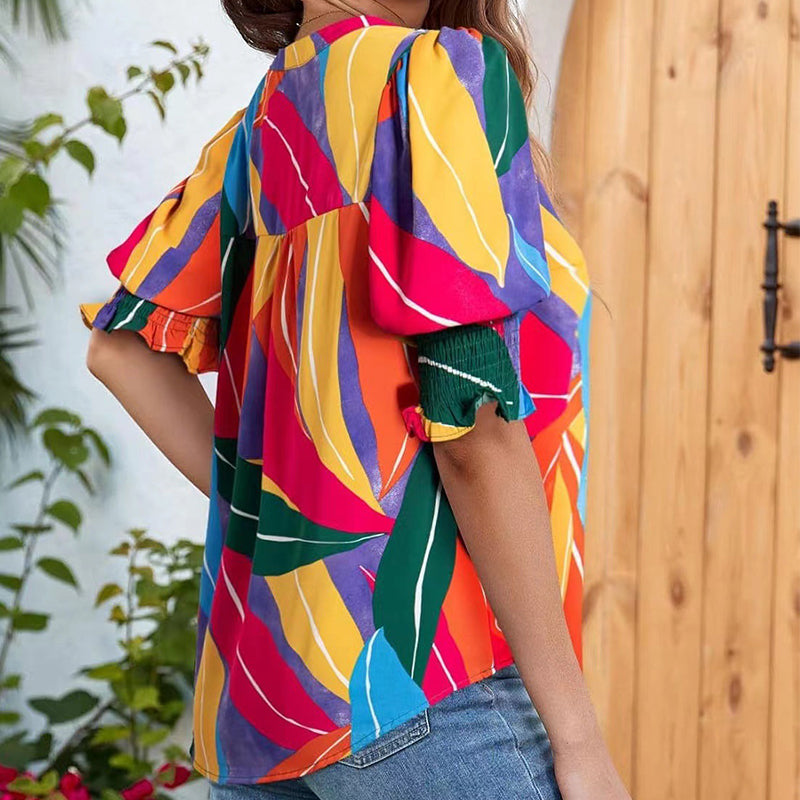 😍LAST WEEK SALE 50% OFF🎁☀️Floral V-neck Puff Sleeve Blouse For Women🌺