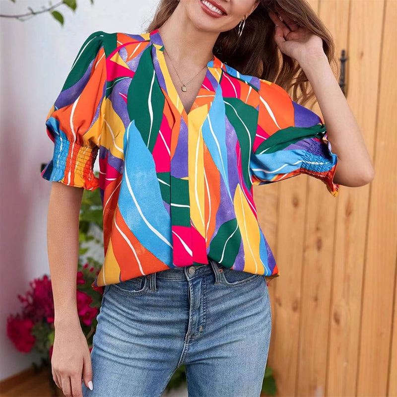 😍LAST WEEK SALE 50% OFF🎁☀️Floral V-neck Puff Sleeve Blouse For Women🌺