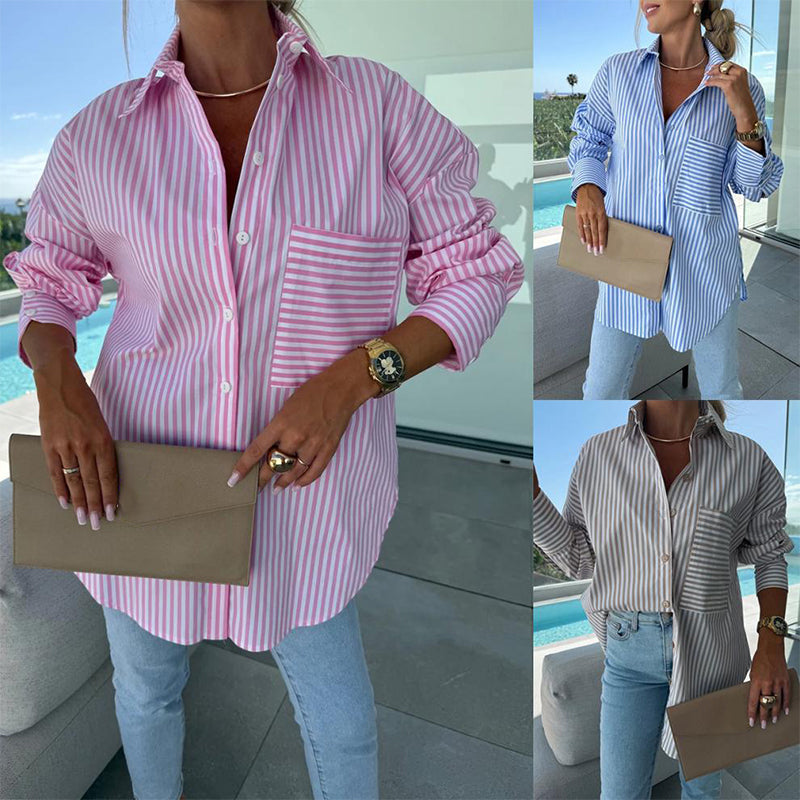 🌸2025 Spring Specials💐 Women's Long Sleeve Casual Striped Loose Mid-Length Shirt😍