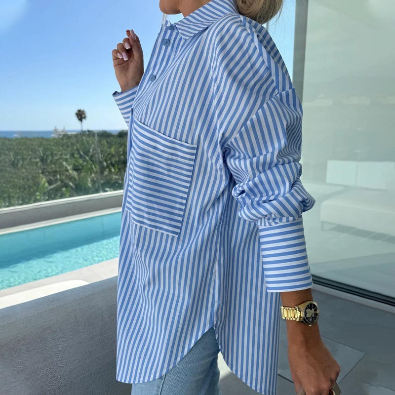 🌸2025 Spring Specials💐 Women's Long Sleeve Casual Striped Loose Mid-Length Shirt😍