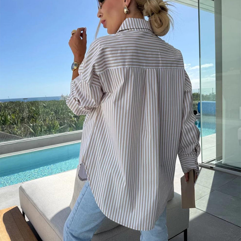 🌸2025 Spring Specials💐 Women's Long Sleeve Casual Striped Loose Mid-Length Shirt😍