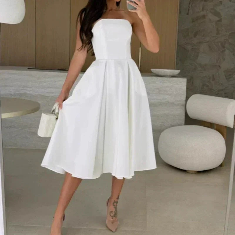 🌸Spring New Arrivals💃Elegant Solid Color Strapless Midi Dress
