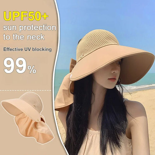 🌞Summer Sun Protection Essentials 👒Large-brim Hollow Sunscreen Hat with Removable Neck Shawl