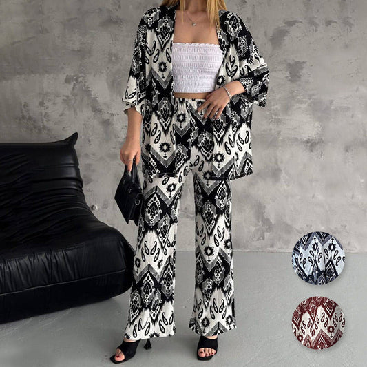 🌸2025 Spring New Arrivals✨ Printed Mid-Sleeve Cardigan & Trendy Wide-Leg Trousers Two-Piece Set