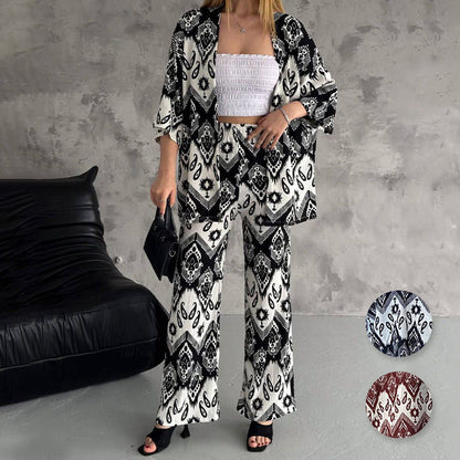🌸2025 Spring New Arrivals✨ Printed Mid-Sleeve Cardigan & Trendy Wide-Leg Trousers Two-Piece Set
