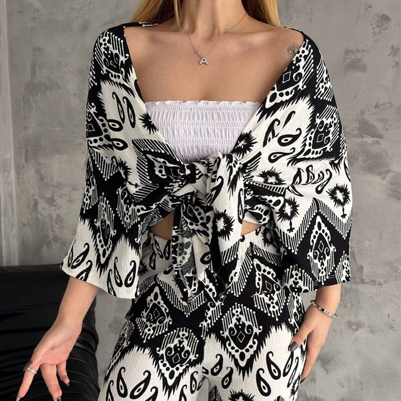 🌸2025 Spring New Arrivals✨ Printed Mid-Sleeve Cardigan & Trendy Wide-Leg Trousers Two-Piece Set