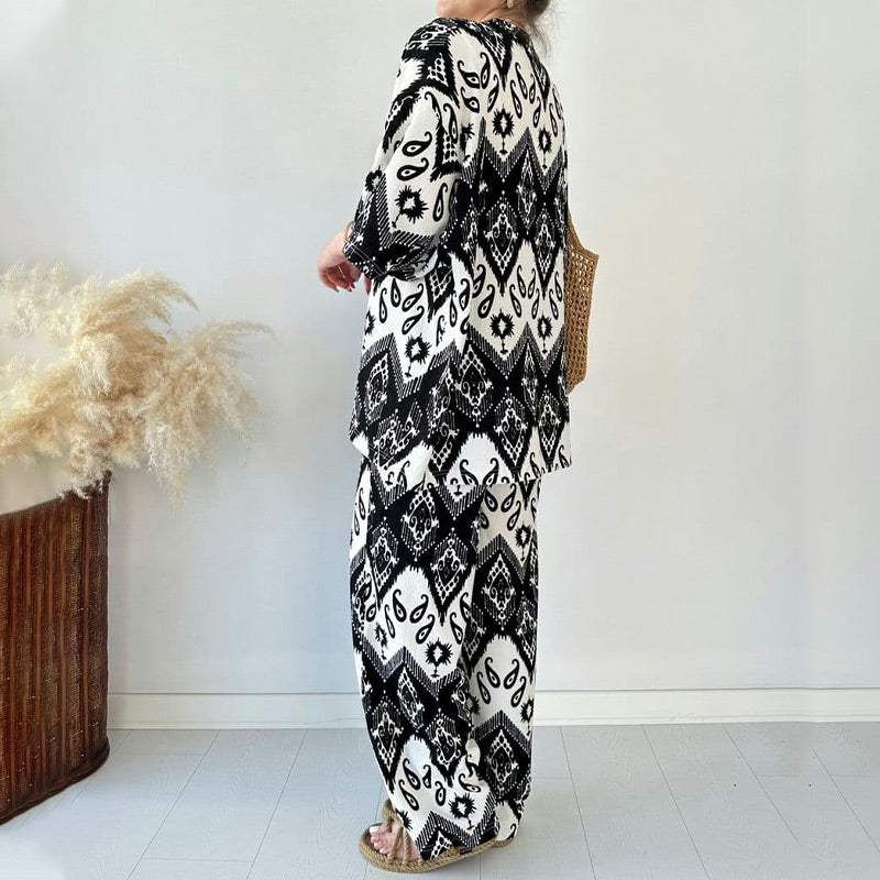 🌸2025 Spring New Arrivals✨ Printed Mid-Sleeve Cardigan & Trendy Wide-Leg Trousers Two-Piece Set