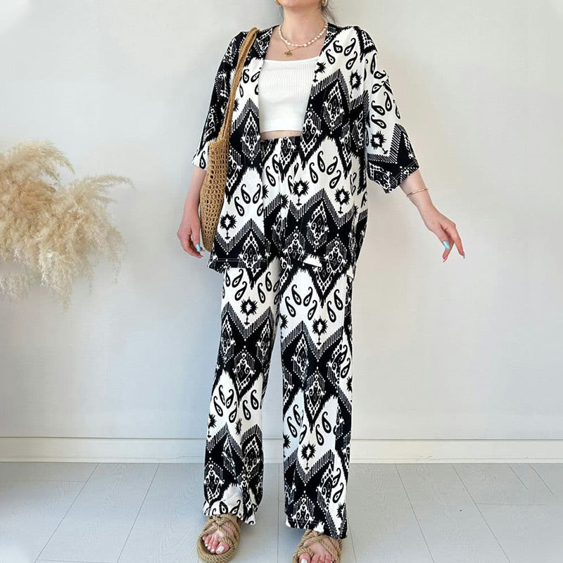🌸2025 Spring New Arrivals✨ Printed Mid-Sleeve Cardigan & Trendy Wide-Leg Trousers Two-Piece Set