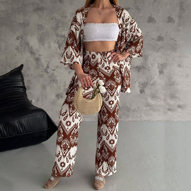 🌸2025 Spring New Arrivals✨ Printed Mid-Sleeve Cardigan & Trendy Wide-Leg Trousers Two-Piece Set