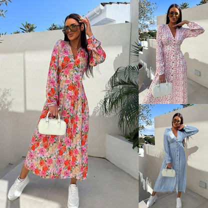 🌺Summer New Arrivals🌷Fashion V-Neck Button Long Sleeve Floral Waist Dresses