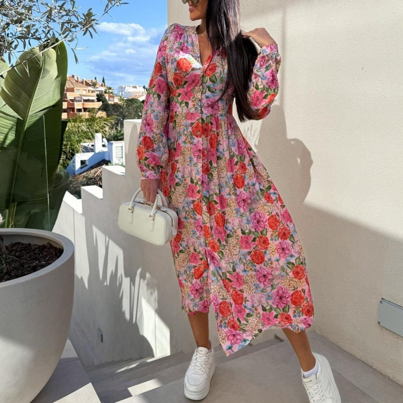 🌺Summer New Arrivals🌷Fashion V-Neck Button Long Sleeve Floral Waist Dresses