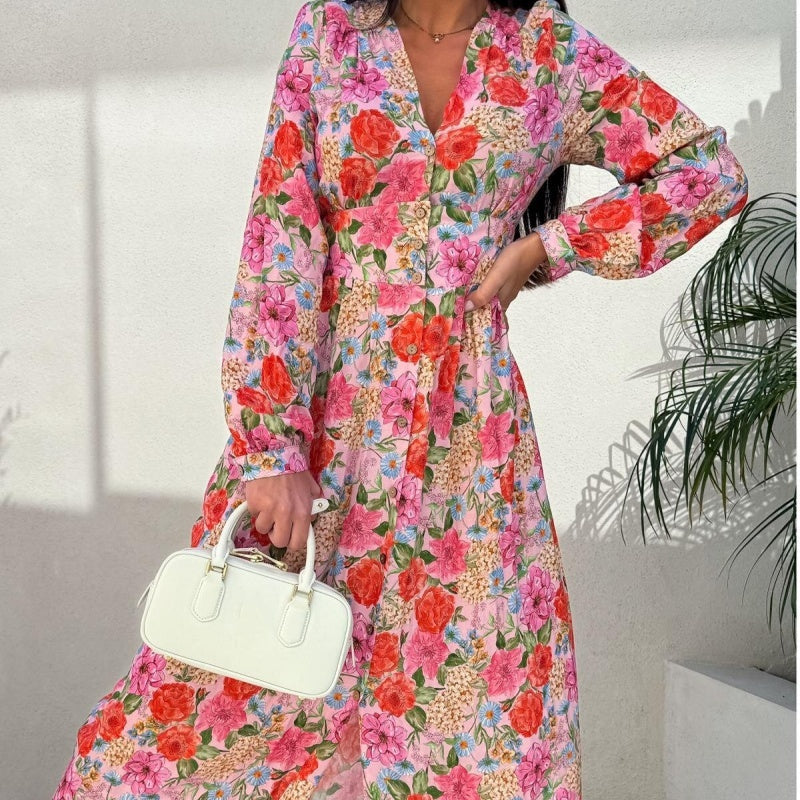 🌺Summer New Arrivals🌷Fashion V-Neck Button Long Sleeve Floral Waist Dresses