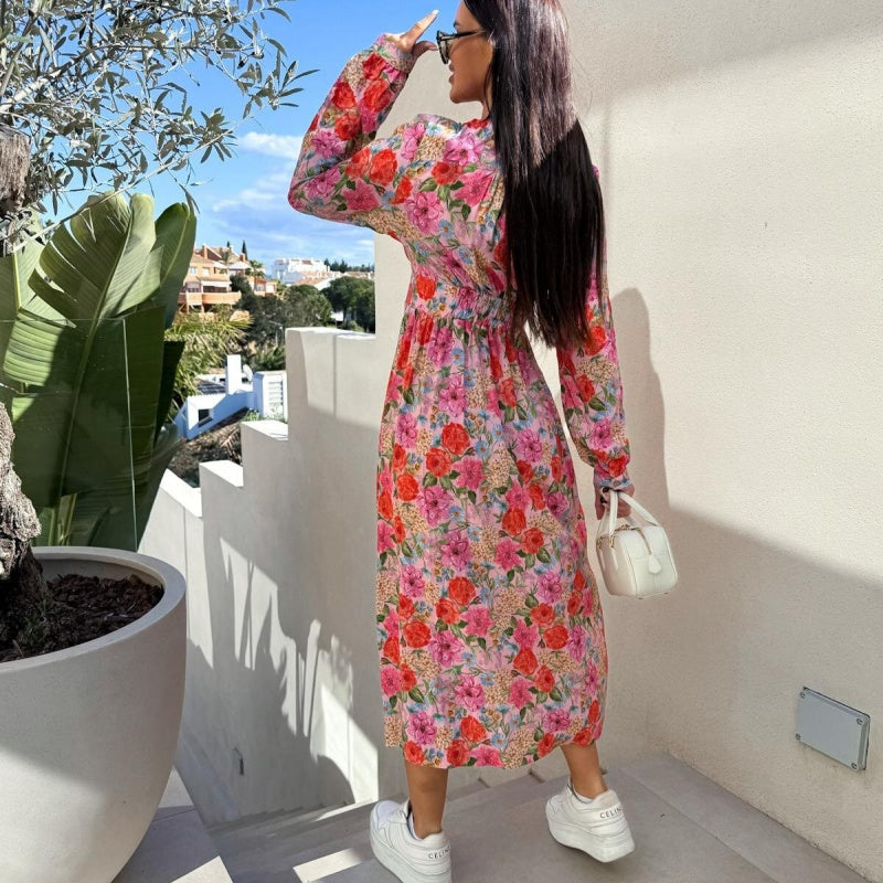 🌺Summer New Arrivals🌷Fashion V-Neck Button Long Sleeve Floral Waist Dresses