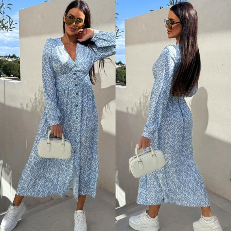🌺Summer New Arrivals🌷Fashion V-Neck Button Long Sleeve Floral Waist Dresses