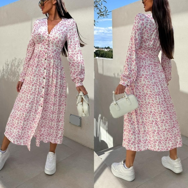 🌺Summer New Arrivals🌷Fashion V-Neck Button Long Sleeve Floral Waist Dresses