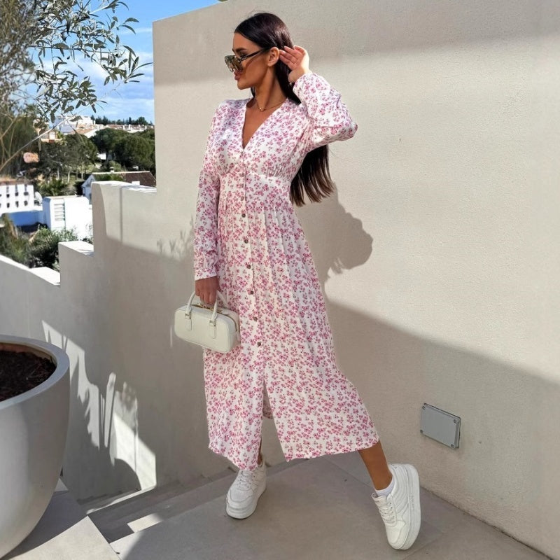 🌺Summer New Arrivals🌷Fashion V-Neck Button Long Sleeve Floral Waist Dresses