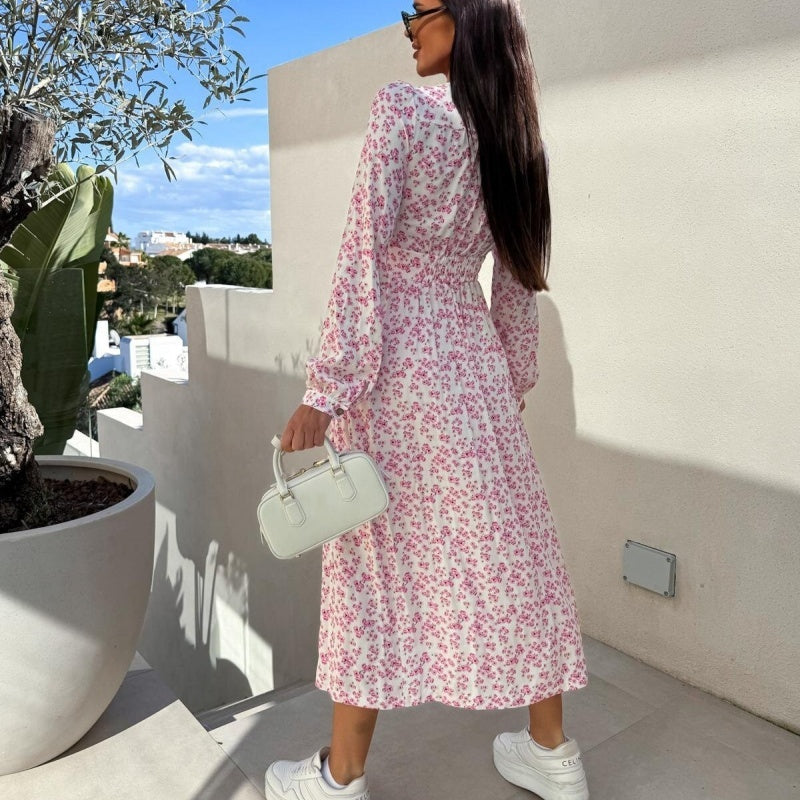 🌺Summer New Arrivals🌷Fashion V-Neck Button Long Sleeve Floral Waist Dresses