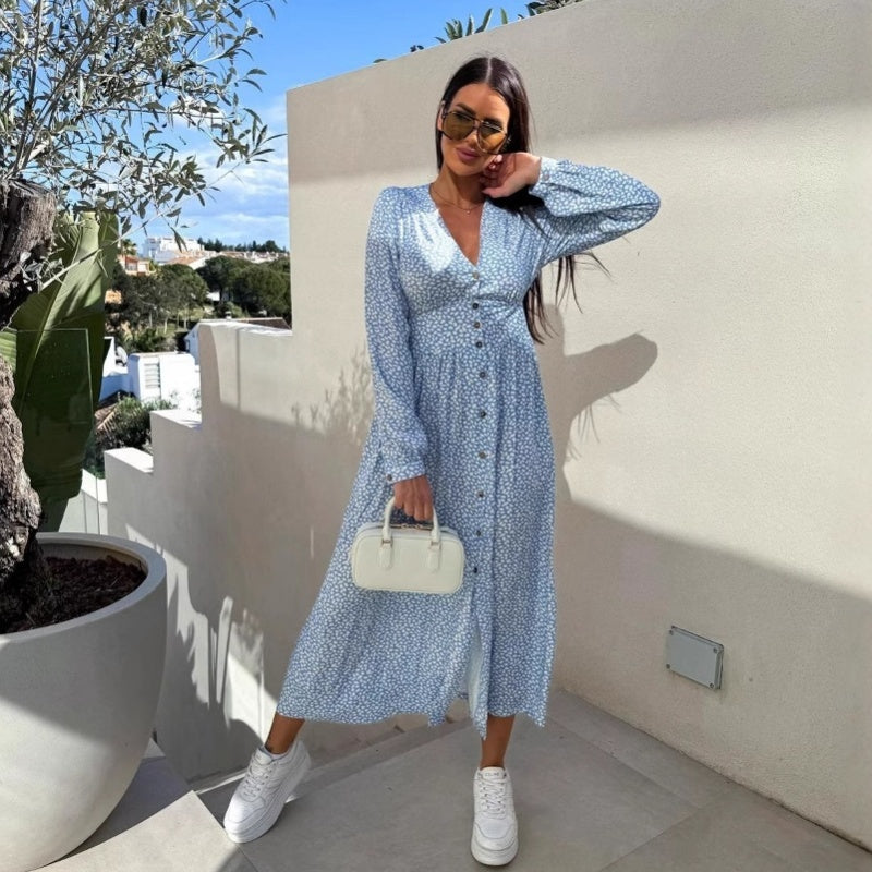 🌺Summer New Arrivals🌷Fashion V-Neck Button Long Sleeve Floral Waist Dresses