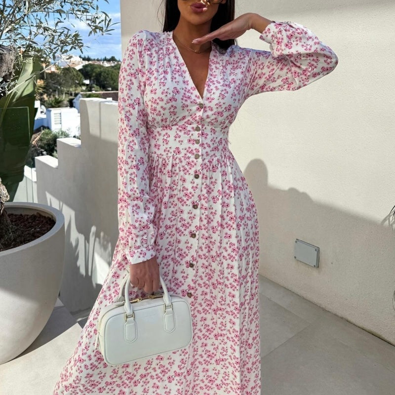 🌺Summer New Arrivals🌷Fashion V-Neck Button Long Sleeve Floral Waist Dresses
