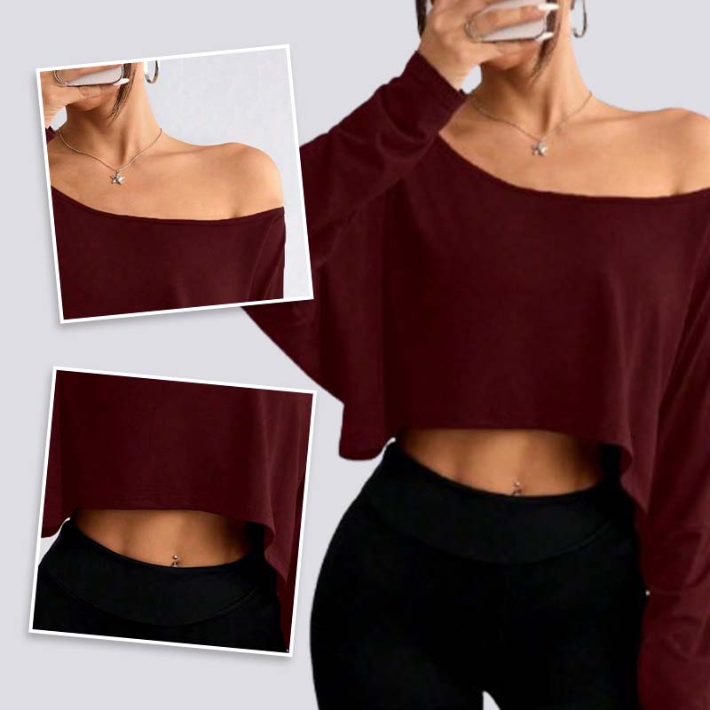 👚🌟️Limited Time 40% OFF🌀 Women's Long Sleeve Oversized Loose Off The Shoulder Crop Tops - Stylish Comfort, Free Spirit, Show Your Unique Charm!