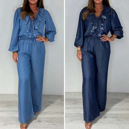 🎉🛍️Spring Specials💐Women's Tiered Long-Sleeve Tops ＆ Wide-Leg Pants Set